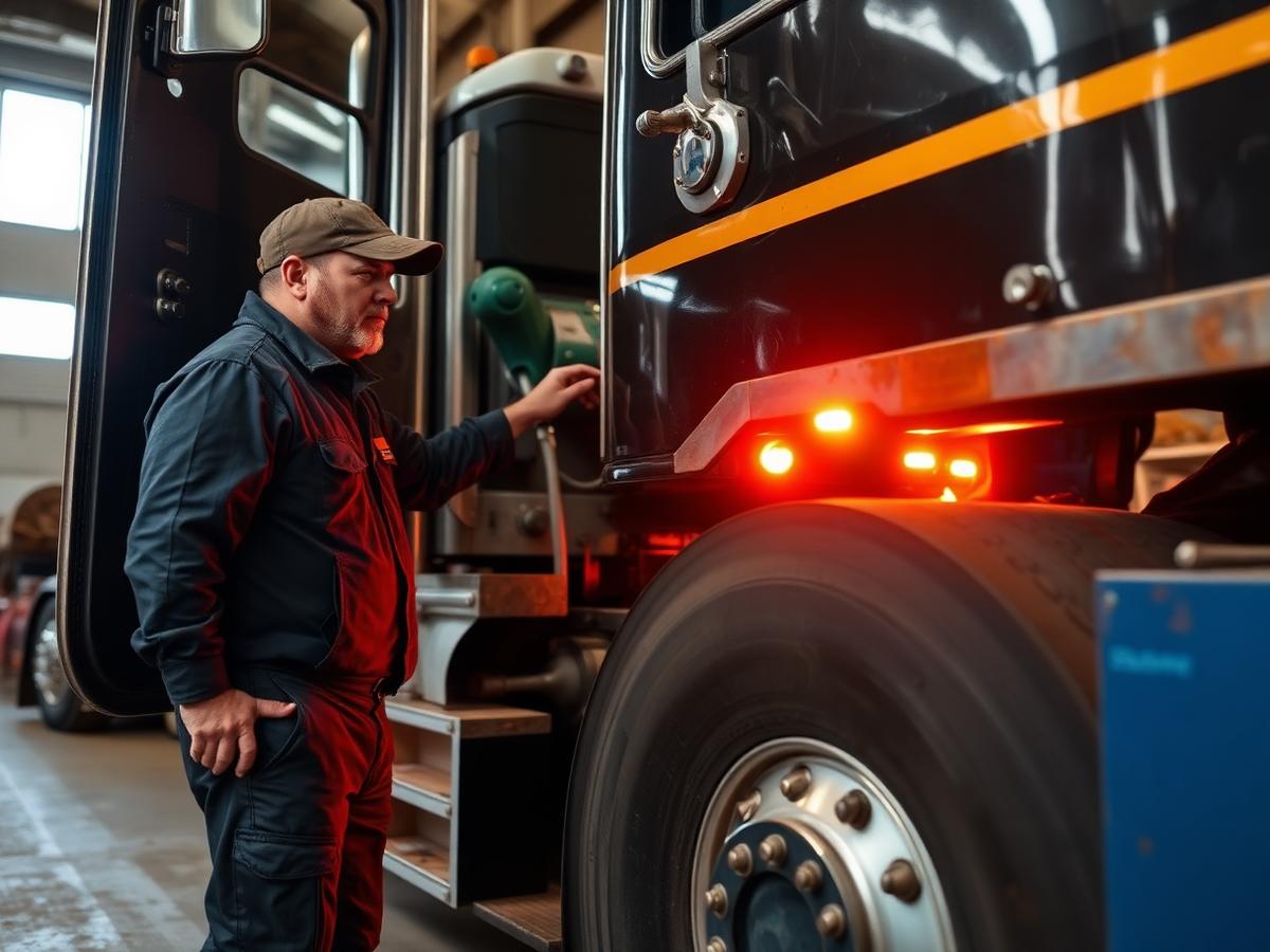 Driver inspecting a prime mover in the workshop